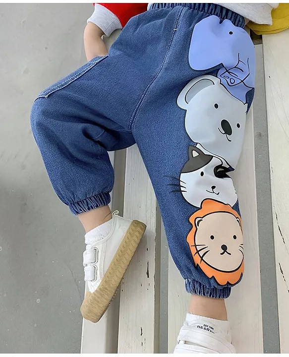 Googo Gaaga Cotton Denim Ankle Length Animals Printed Baggy Fit Pant - Blue